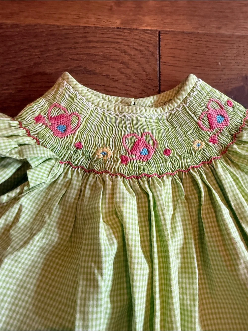 Ananivi - Girls Light Green Gingham Dress with Pink Embroidery